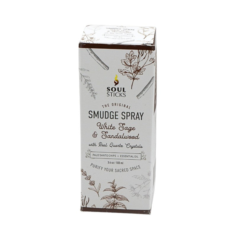 Soul Sticks Smudge Spray packaging with white sage and sandalwood design on a white background