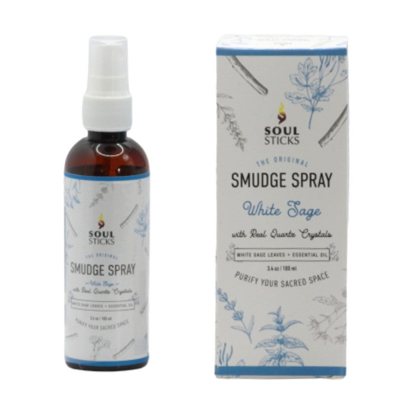 bottle of white sage room spray next to box