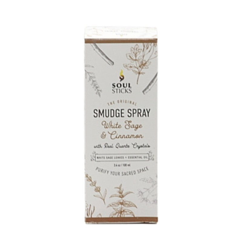 box containing bottle of white sage and cinnamon room spray