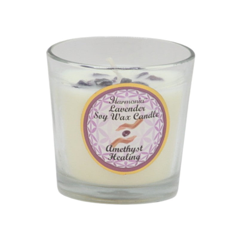 Soy wax candle with gemstone chips on top- in clear glass jar