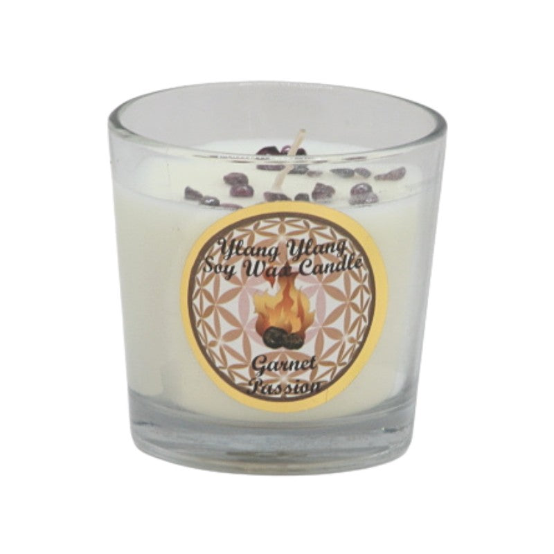 Soy wax candle with gemstone chips on top- in clear glass jar