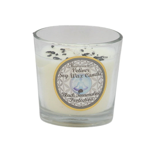 Soy wax candle with gemstone chips on top- in clear glass jar
