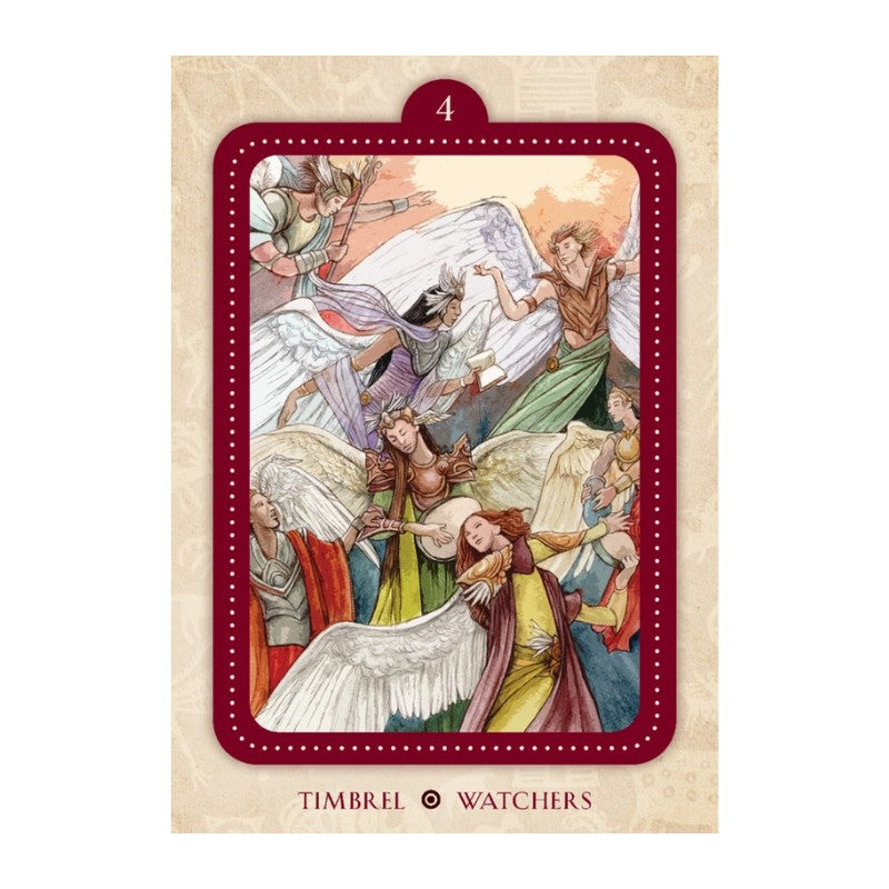 Tarot card with colorful illustrations of figures on a beige background