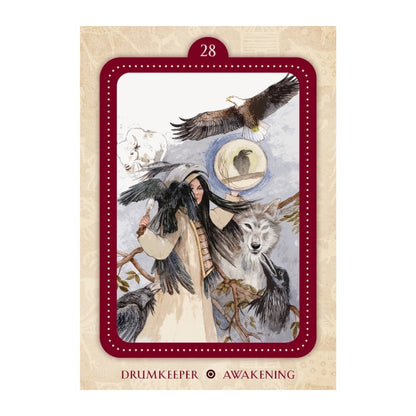 Card with a central figure surrounded by animals like an eagle, wolf, and birds, with a red border and beige background.