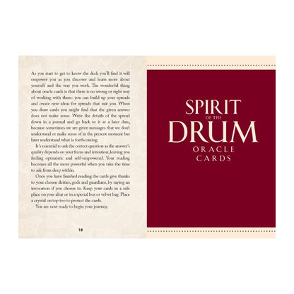 Booklet with text and a red card titled 'Spirit of the Drum Oracle Cards' on a beige background.
