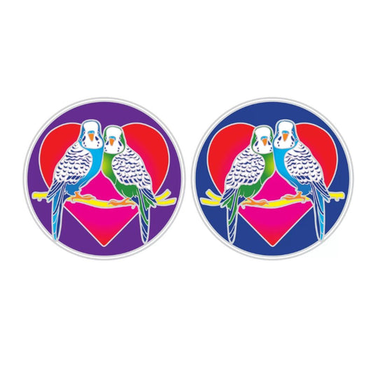 window stickers showing 2 budgerigars on a perch in front of a heart symbol