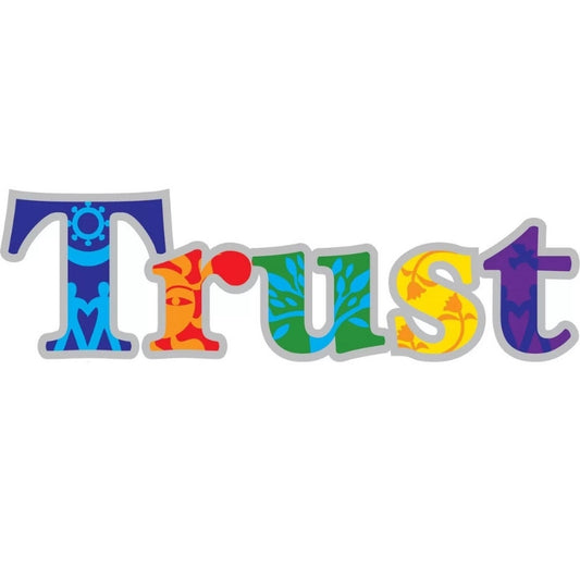 Colourful window sticker with the word trust