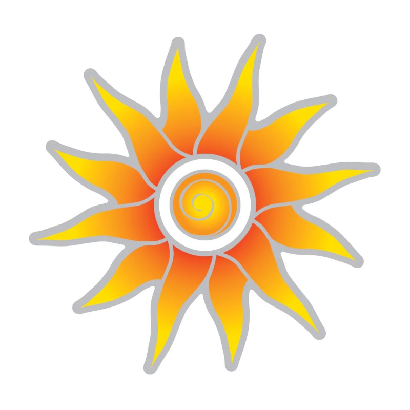 A stylized sun icon with yellow and orange rays, a white center, and a gray outline on a plain white background.