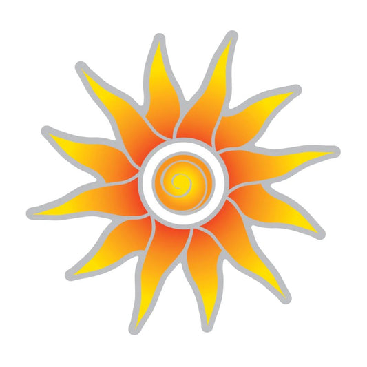 A stylized sun icon with yellow and orange rays, a white center, and a gray outline on a plain white background.