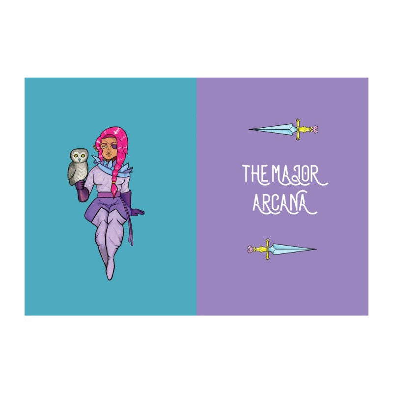 Illustration of a character with an owl and 'The Major Arcana' text on a split blue and purple background