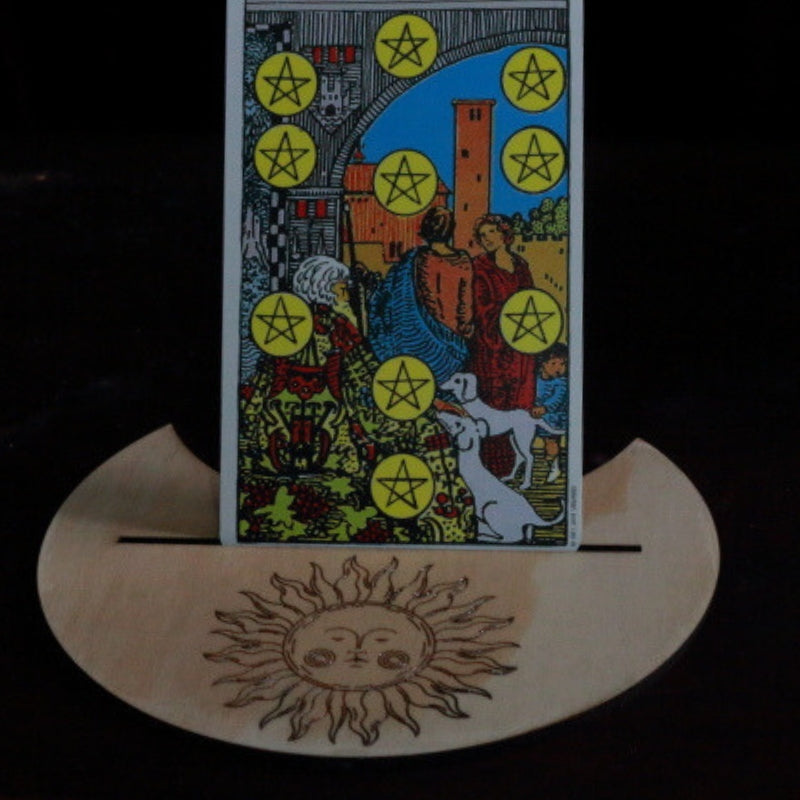Handmade Sun Tarot Card Holder holding a rider waite tarot card