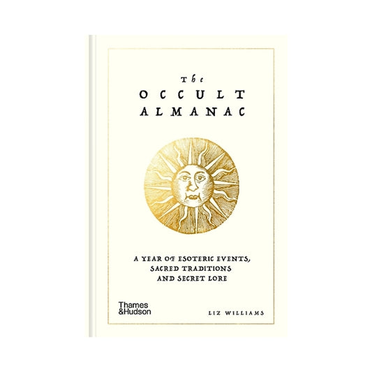 The Occult Almanac book cover by Liz Williams, published by Thames & Hudson. The cover is cream-colored with black text and a central gold sun illustration.