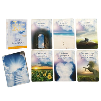 6 card images from the "Talking to Heaven Mediumship Cards" Deck & Guidebook with the box and image of the back of the cards