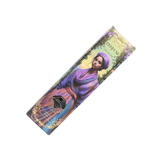 incense box with a woman in a purple dress on a white background