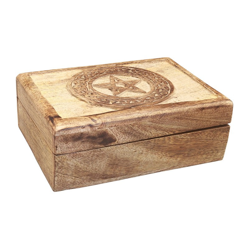 A rectangular wooden box with a hinged lid, featuring a natural wood grain finish and an engraved circular pentagram design on the lid, set against a plain white background.