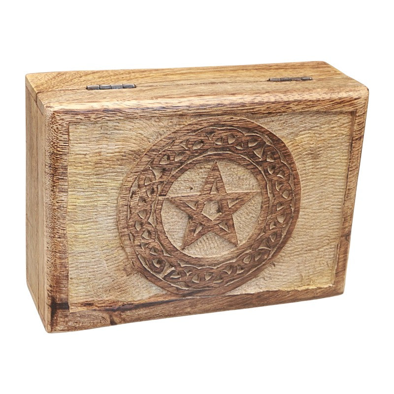 A rectangular wooden box with a carved Celtic-style pentagram design on the front, set against a plain white background.