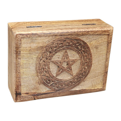 A rectangular wooden box with a carved Celtic-style pentagram design on the front, set against a plain white background.