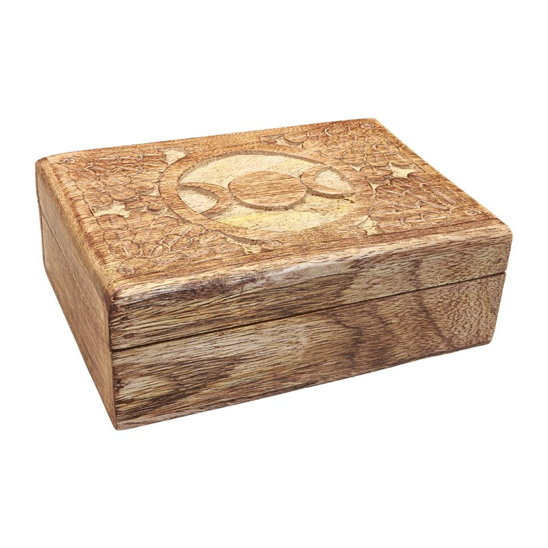 A rectangular wooden keepsake box with a hinged lid, featuring an engraved celestial design of the moon phases on the top surface, shown against a plain white background.