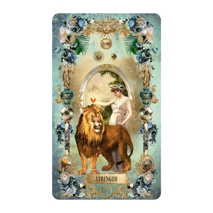 Vintage-style card featuring a lion and a woman with decorative elements and 'Strength' text.