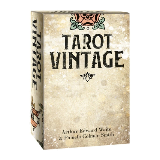 A boxed tarot card deck titled "Tarot Vintage" shown at a slight angle against a plain white background. The box has a distressed cream-beige cover with black title text, a small floral illustration near the top, and author names at the bottom.