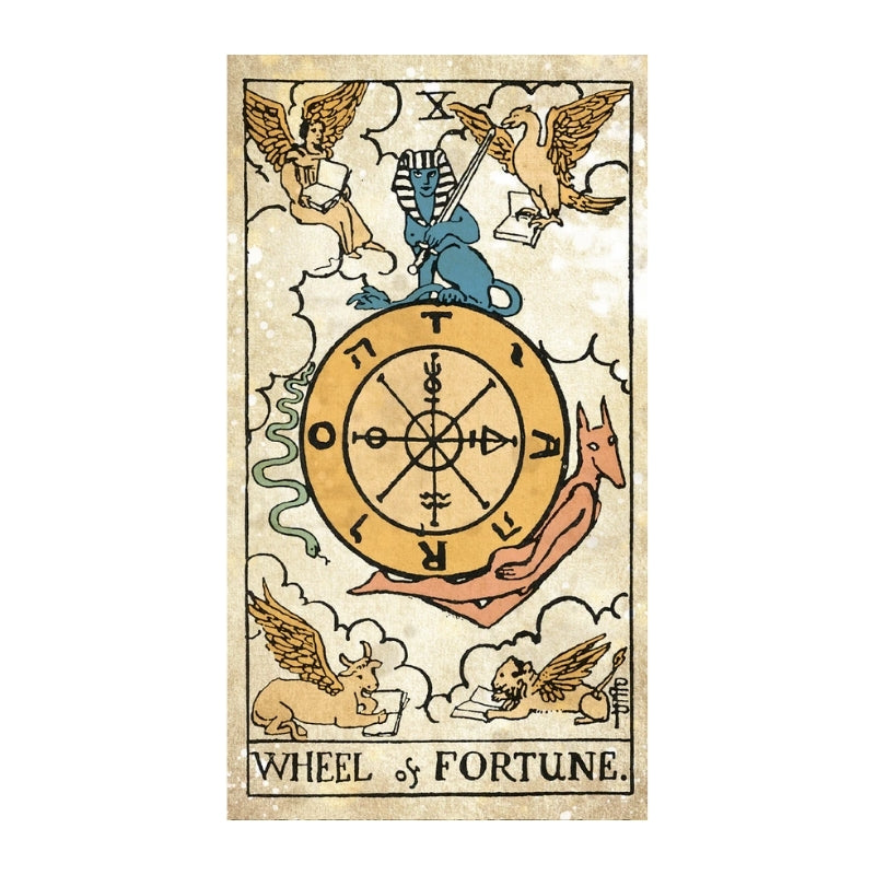 A classic tarot card depicting the Wheel of Fortune, featuring a central golden wheel with directional symbols, surrounded by mythological creatures like griffins and a blue lion on a textured beige background.
