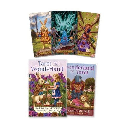 A set of tarot cards and two booklets featuring Alice in Wonderland illustrations, including the card backs and cover art by Barbara Moore, displayed on a plain white background.