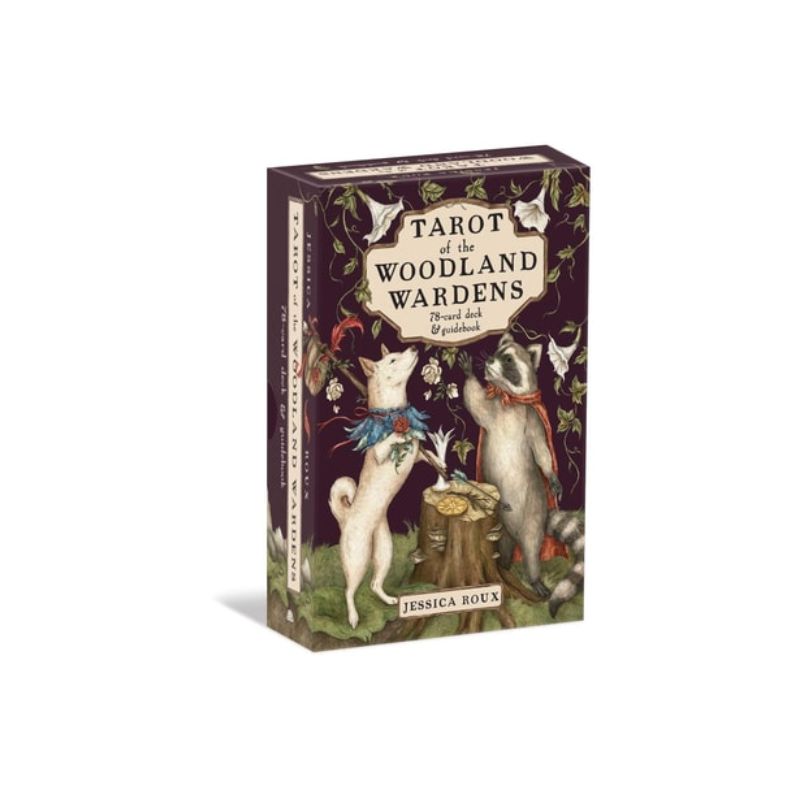 Tarot of the Woodland Wardens by Jessica Roux, with a dark plum box illustrated with a white fox and badger beside a tree stump, surrounded by birds and foliage.