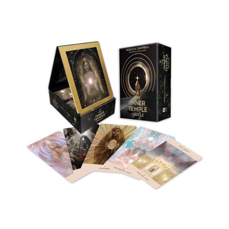 The Inner Temple Oracle by Rebecca Campbell, with black and gold packaging and five illustrated cards fanned out on a white background.

