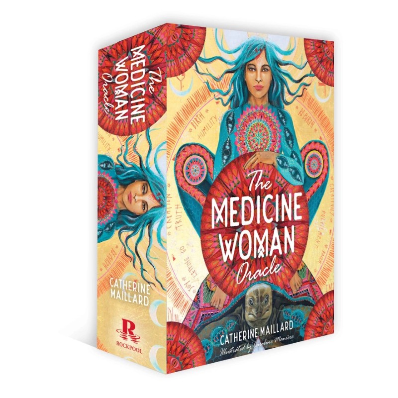 Colorful oracle card cover of 'The Medicine Woman Oracle' with illustrations of a woman and decorative elements.