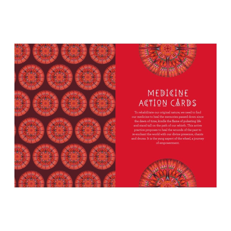 Red and brown card with red circular patterns and text on a white background