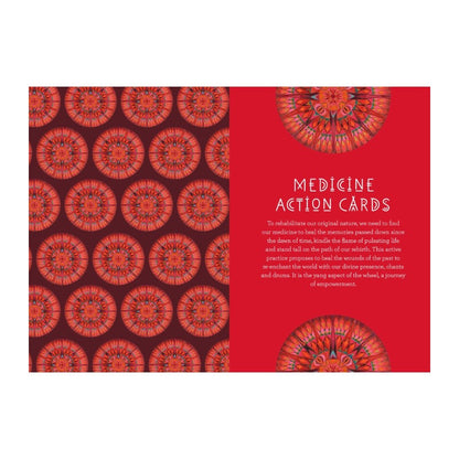 Red and brown card with red circular patterns and text on a white background