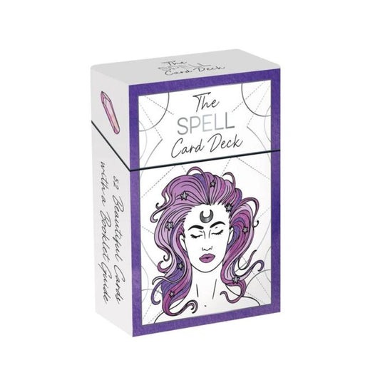 Card deck packaging with a stylized illustration of a woman with purple hair on a white background