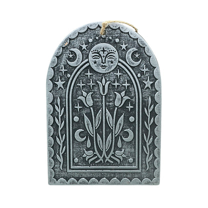 silver terracotta wall hanging with a triple moon and 3 tulips design