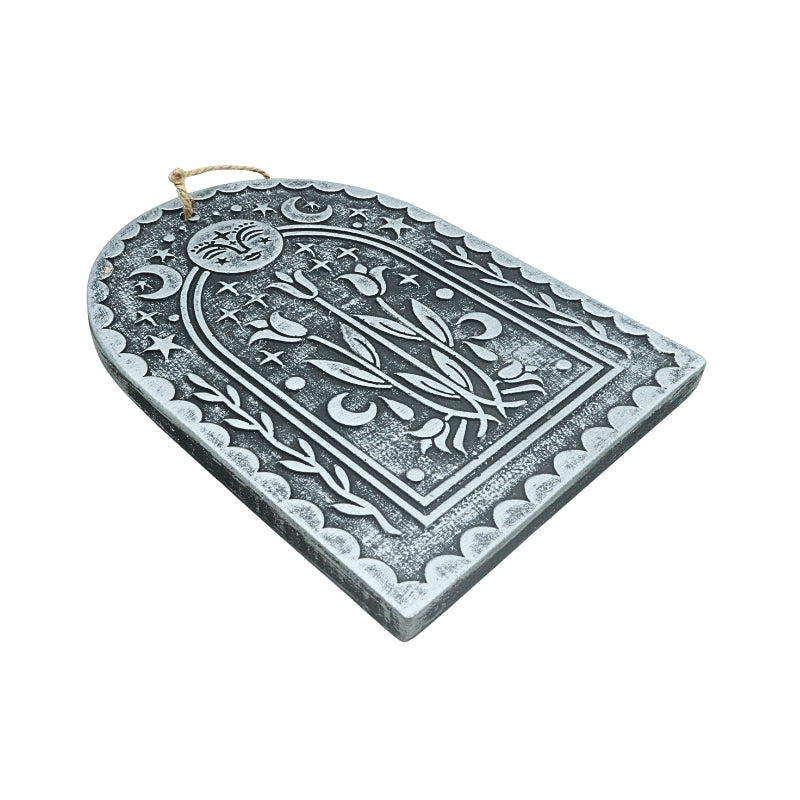 silver terracotta wall hanging with a triple moon and 3 tulips design