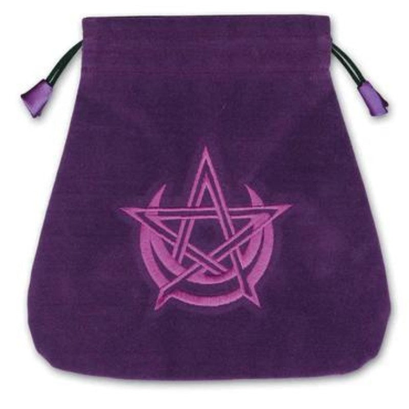 Purple tarot pouch with a pentagram within a crescent moon embroidered on the front