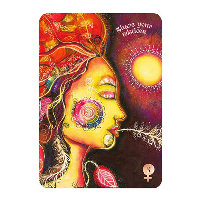 Colorful tarot card with a stylized face and 'Share your wisdom' text