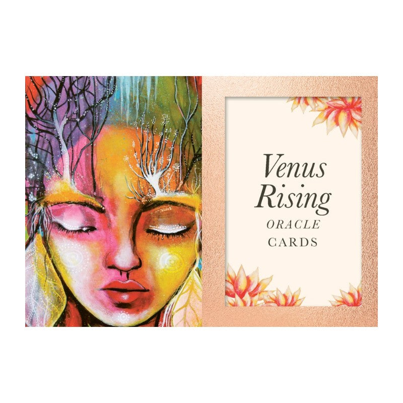 Colorful artwork of a woman's face with 'Venus Rising Oracle Cards' text on a white background