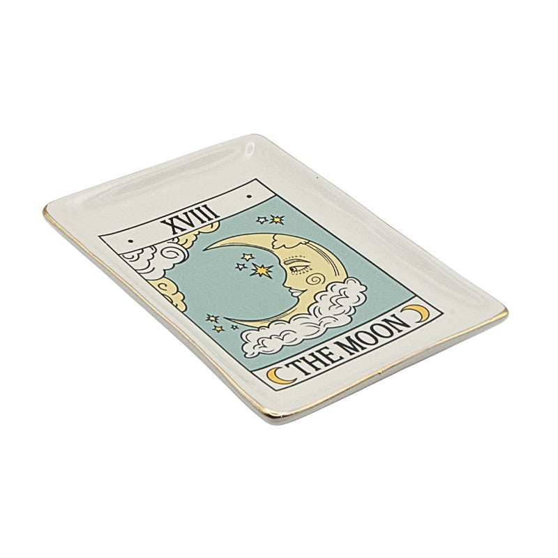 Decorative tray with 'The Moon' tarot card design on a white background