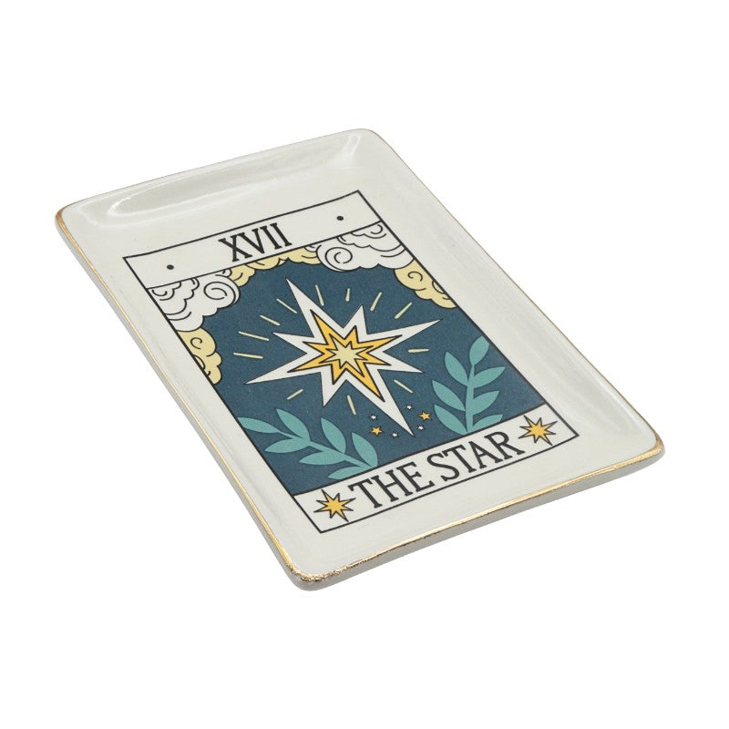 Decorative tray with 'The Star' tarot card design on a white background