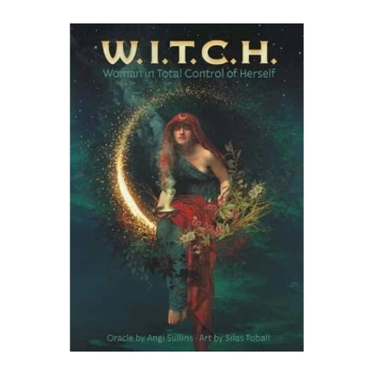 oracle deck cover of 'W.I.T.C.H.' with a woman holding flowers and a crescent moon against a starry night sky.