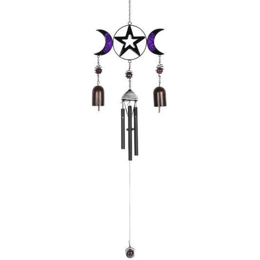 wind chime with 2 crescent moons either side of a star- 2 bells hanging from each moon and a wind chime hanging from the central star