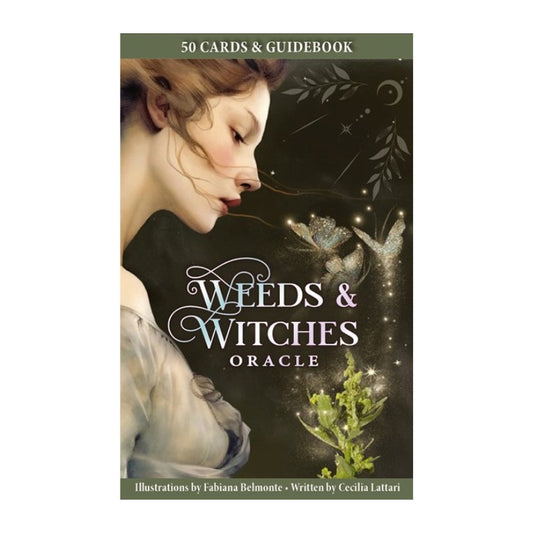 oracle deck cover of 'Weeds & Witches Oracle' with a woman and nature elements.