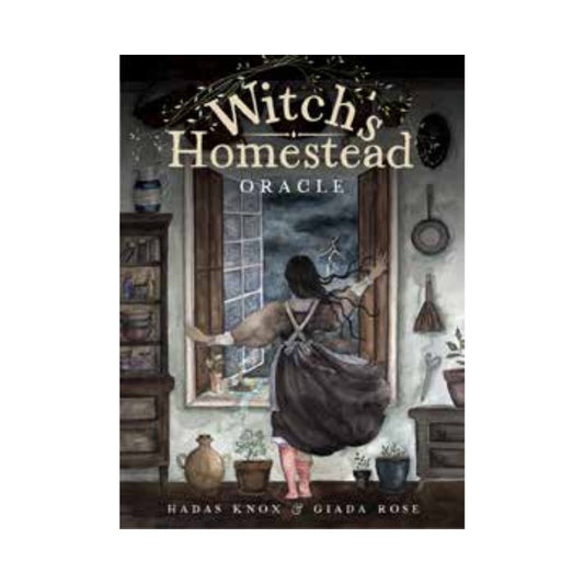 Oracle Deck cover for 'Witch's Homestead Oracle' by Hadas Knox and Giada Rose, featuring an illustration of a woman looking out a window at a stormy night sky with a lightning bolt.