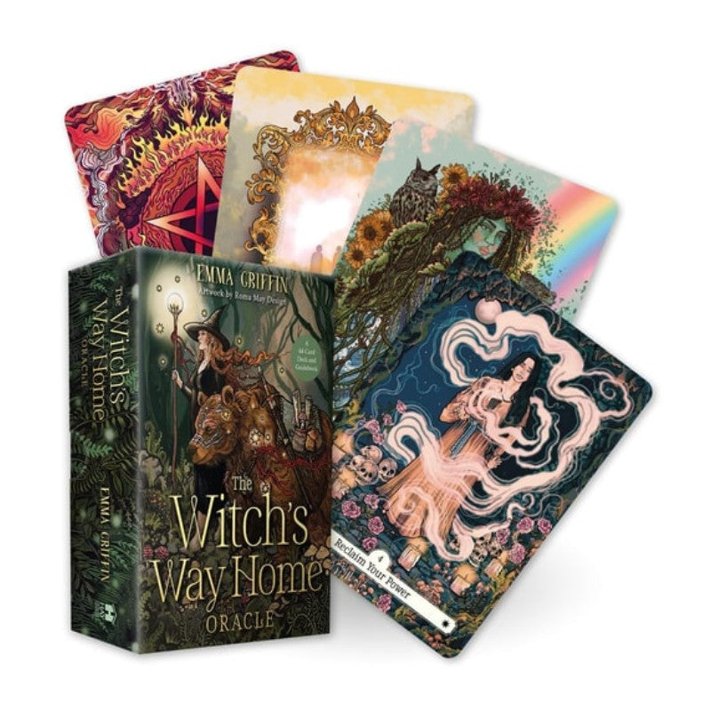 Oracle cards with colorful illustrations and a book titled 'The Witch's Way Home' on a white background