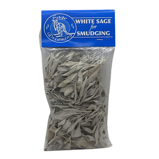 white sage dried leaves in a clear packet with blue label 