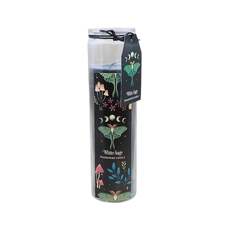candle in glass jar- Luna Moth, mushrooms and ferns design on jar