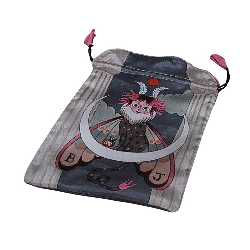 Drawstring pouch with a fantasy character design on a white background