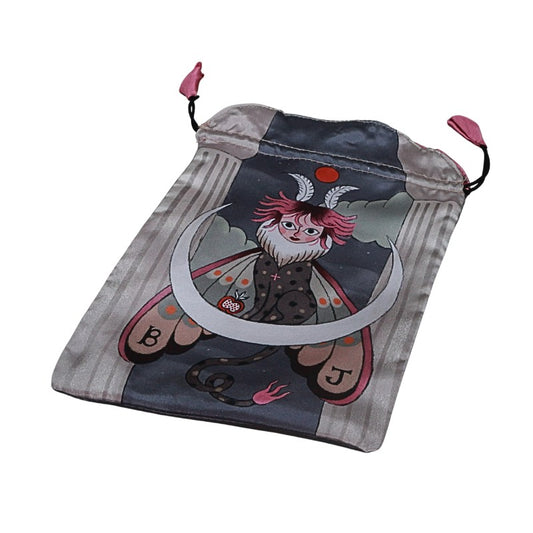 Drawstring pouch with a fantasy character design on a white background