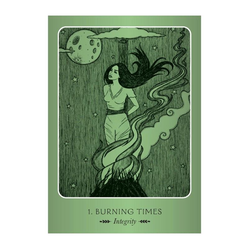 Illustration of a woman with flowing hair against a green background, labeled '1. Burning Times'.