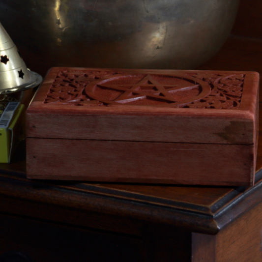 Carved Pentacle Wooden Tarot Box